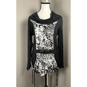 Joseph Ribkoff 12 Cowl Neck Tunic Dress Gray Animal Print Belted Ruched Pockets